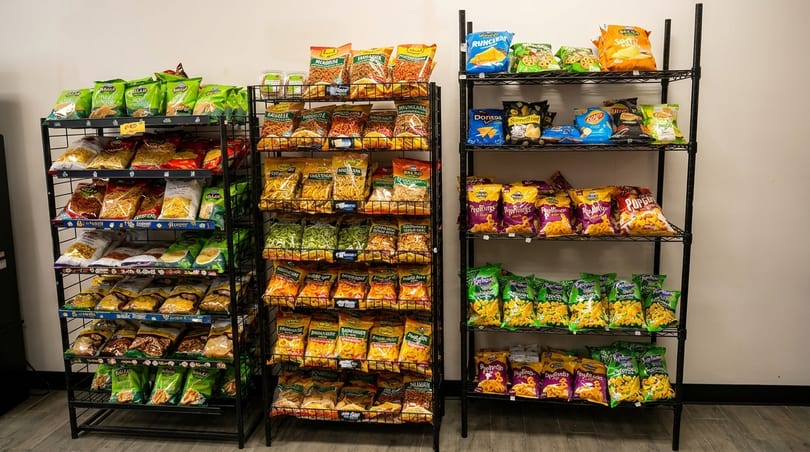Three black metal racks filled with various packaged snacks, chips, and popcorn bags.