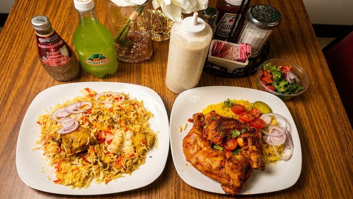 Chicken biryani, shamee kababs, chana masala