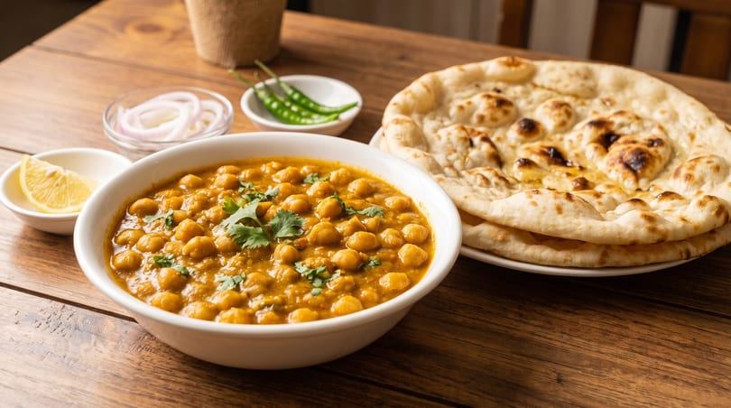 A bowl of chana masala with naan bread, lemon, onions, and green chilies on a wooden table.